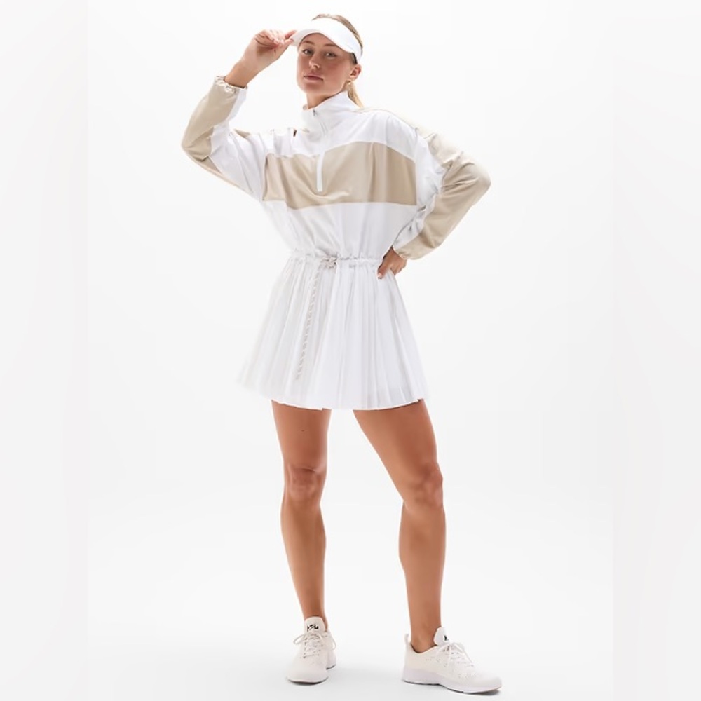 Athleta White and Beige Pleated Tennis Dress with Drawstring Waist